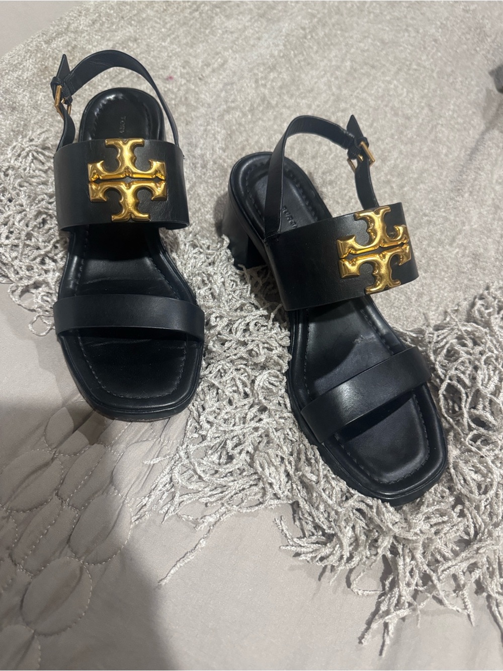 Tory Burch Black Leather Sandals with Gold Logo Medallions